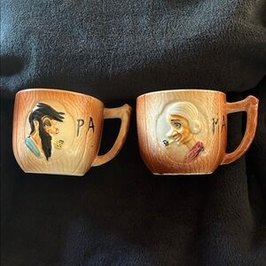 Vintage 1950’s Ma & Pa Hillbilly Tree Bark Mug Set Shafford Ware